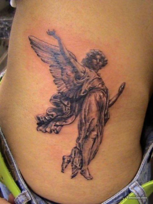 Black And White Angel Tattoo On Side